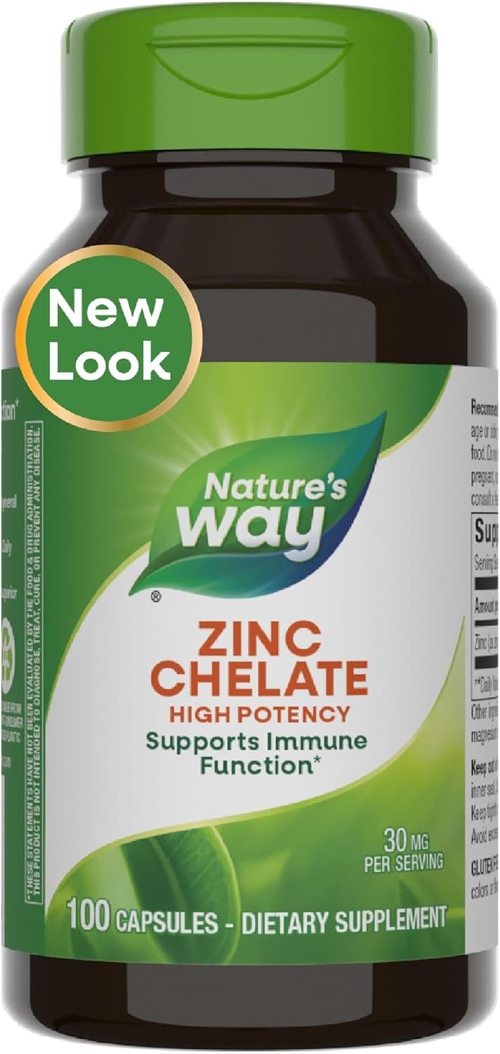Nature’s Way Zinc Chelated – 30 mg per Serving – 60 Capsules