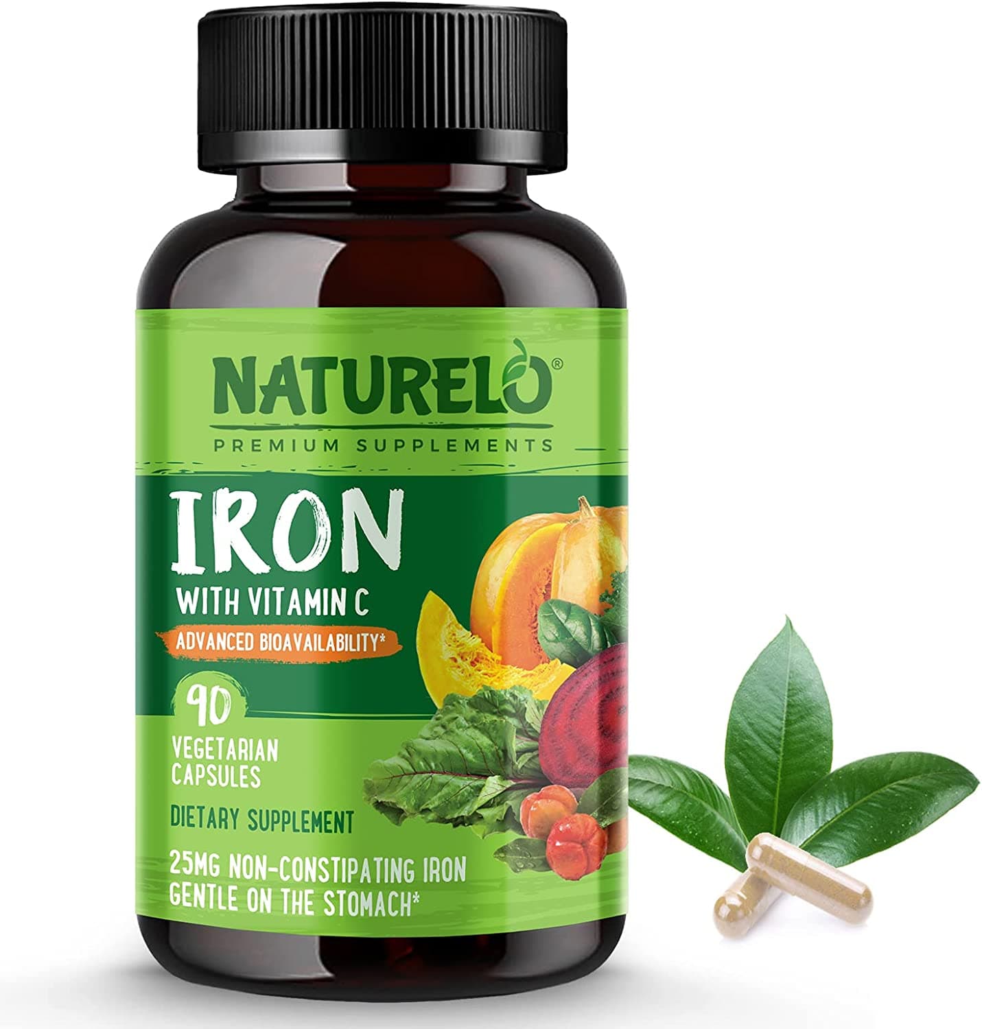 NATURELO Vegan Iron Supplement with Whole Food Vitamin C - Best Natural Iron Pills for Women & Men with Iron Deficiency, Anemia and Vegan Diets - 90 Mini Capsules <BR/> ناتشريلو حديد نباتى مع فيتامين ج ، أفضل حبوب حديد طبيعى للرجال والنساء ، لعلاج فقر الدم ، 90 كبسولة