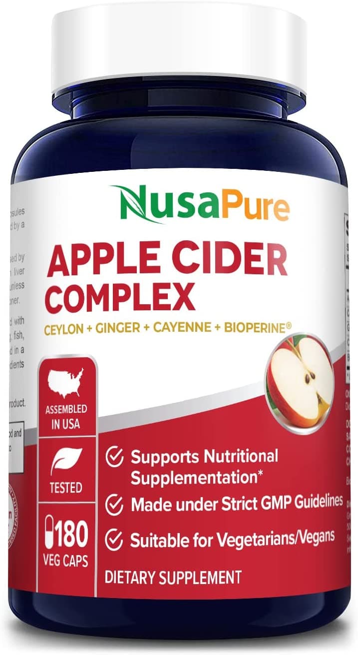 NusaPure Apple Cider Vinegar Complex, Organic ACV,Ceylon Cinnamon, Organic Ginger, Bioperine,180 Capsules  خليط خل التفاح+الكركم والجنزبيل والفلفل الحار 1500مجم للجرعة اليومية ، 180 كبسولة نباتية