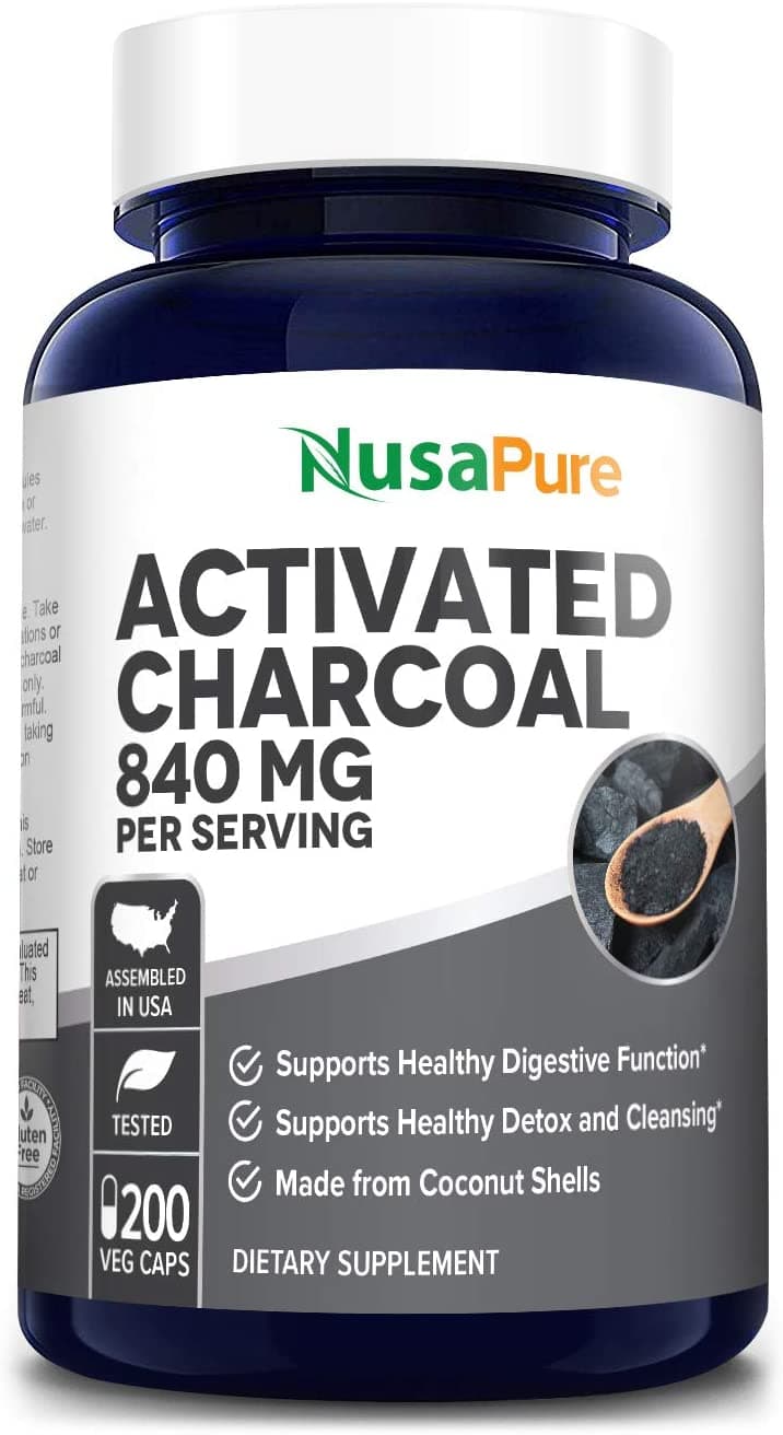 Nusapure Activated Charcoal 840 mg- Support for Healthy Digestion, 200 Capsules<br/>الفحم النشط 840 مجم ، مستخلص من قشور جوز الهند ، لصحة الجهاز الهضمى ،200 كبسولة نباتية