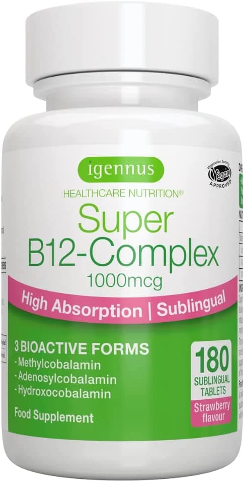 Super B12-Complex 1000mcg, High Absorption Sublingual Vitamin B12 in Three Bioactive Forms with Methylcobalamin, Vegan, 180 Tabletsايجنس فيتامين ب12، 1000 ميكروجرام لدعم إنتاج الطاقة من التمثيل الغذائى،180 كبسولة سريعة الذوبان بطعم الفراولة، 180 جرعة نباتية