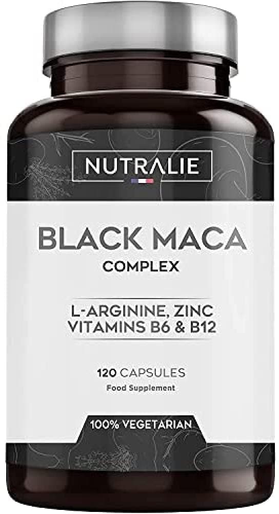 NUTRALIE Black Maca Equivalent to 24,000mg per dose of 1200mg with L-Arginine, Zinc and Vitamins B6 B12 | 120 Maca Vegetarian Capsules Highly Concentrated 20:1