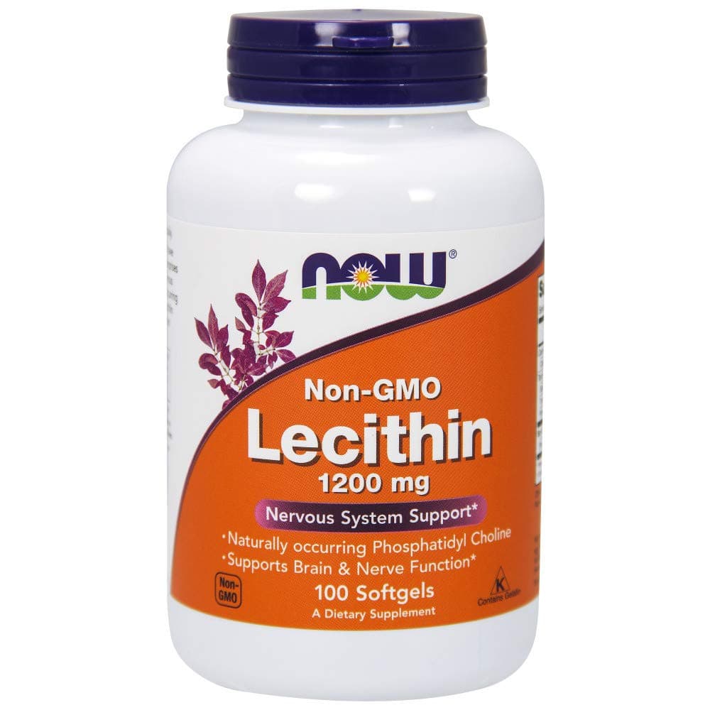 NOW Non-GMO Lecithin 1200 mg with naturally occurring Phosphatidyl Choline, 100 Softgels ليسيثين 1200مجم لصحة الجهاز العصبى- 100سوفت جيل
