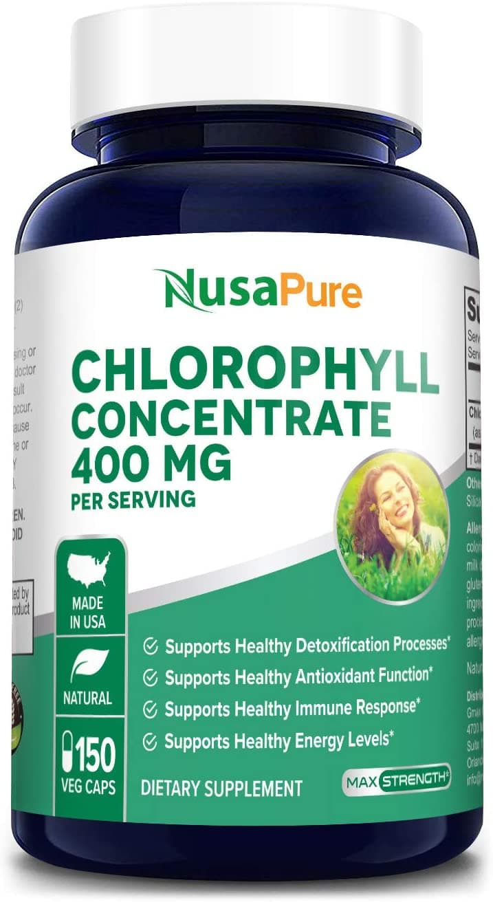 Nusapure Chlorophyll Concentrate 400 mg, Assists Detoxification & Provides Intestinal, Digestive Support,150 Capsules  كلوروفيل المركز 400 مجم للجرعة ، لصحة الجهاز المناعى والجهاز الهضمى و لصحة الجلد ، 150 كبسولة