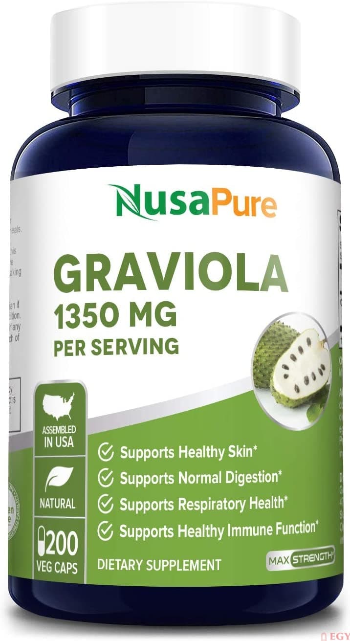 Nusapure Graviola 1350mg 200 Veggie Caps - Soursop Supplement - Healthy Skin & Helps Promotes Cell Growth, Respiratory System, Balanced Mood جرافيولا 1350 مجم ، لصحة نمو الخلايا ، ولصحة الجلد والجهاز التنفسى ، ولتحسين المزاج ، 200 كبسولة النباتية