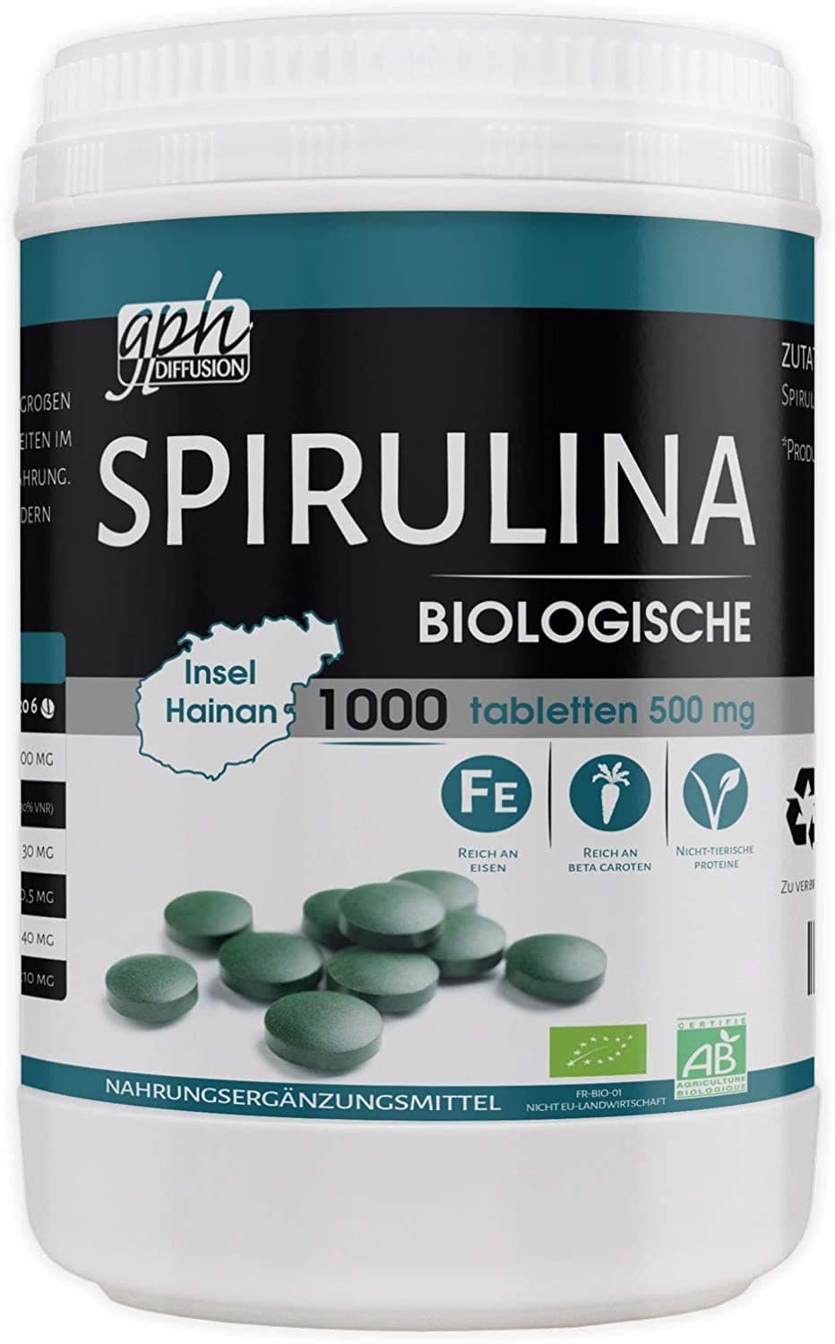 GPH Organic Spirulina - 500 mg per Tablet - 1000 Tablets