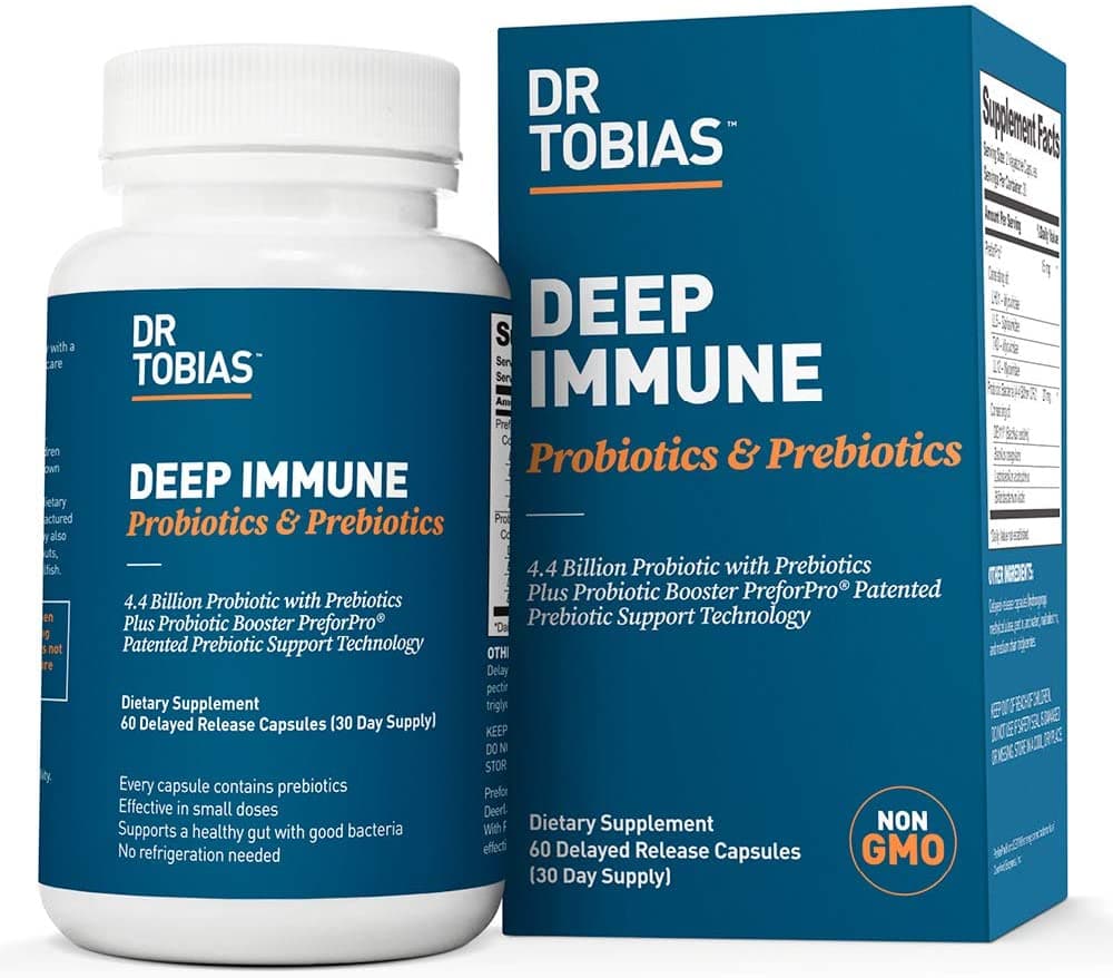 Dr. Tobias Deep Immune Probiotics & Prebiotics," "4.4 Billion CFU," | 60 capsules "Digestive & Immune Health