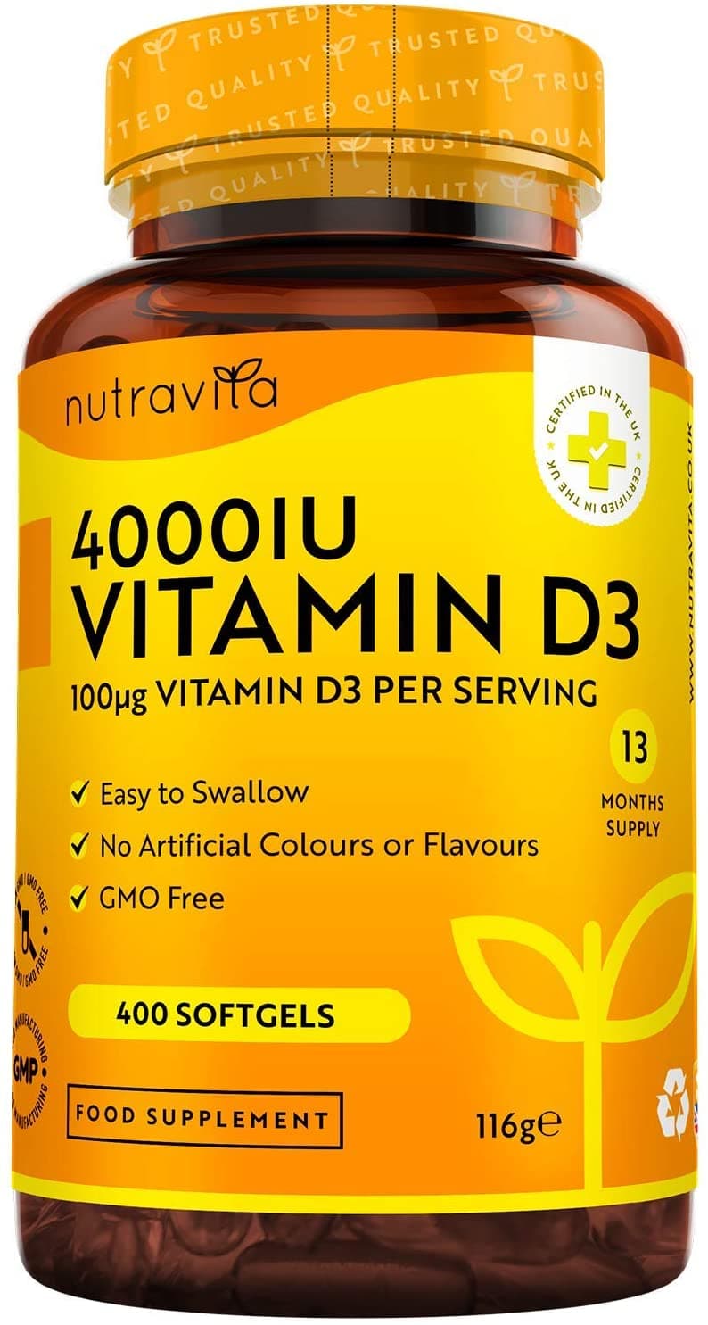 Nutravita Vitamin D 4000 IU - Maximum Strength - 400 Easy to Swallow Softgels - Over A Year's Supply - High Strength VIT D3 - Manufactured in The UK by Nutravita فيتامين د3 عالى التركيز 4000 وحدة دولية ، 400 كبسولة سوفت جل ، سهل البلع ، يكفى أكثر من عام ، لصحة الجهاز المناعى والعظام والعضلات
