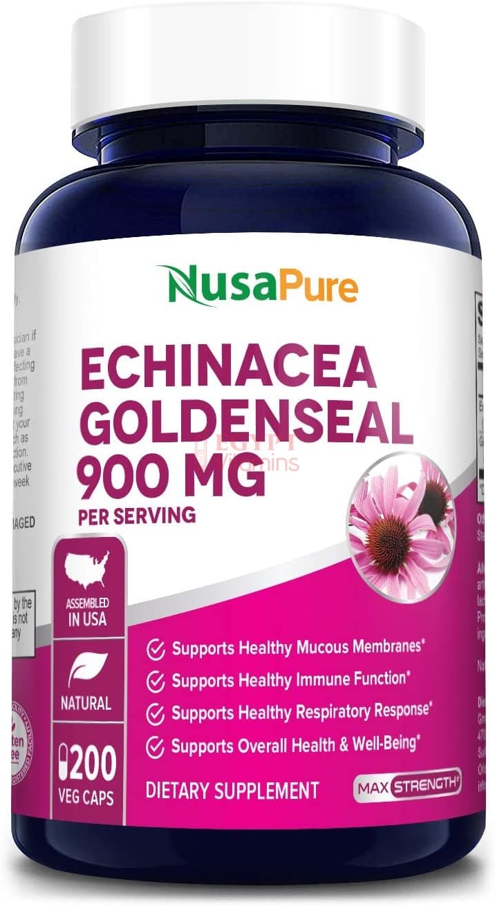 Nusapure Echinacea Goldenseal 900mg, Supports Healthy Immune Function,200 Capsules  جولدنسيل اشنسيا 900 مجم ، 200 كبسولة نباتية ، لصحة وظائف الجهاز المناعى