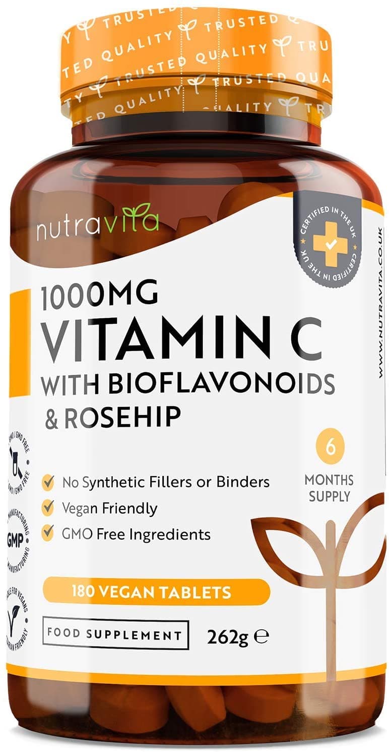 Nutravita Vitamin C 1000mg with Bioflavonoids and Rosehip - 180 Vegan Tablets نيوترافيتا ، فيتامين ج 1000 مجم ، مع البيوفلافونويد و ورد المسك ، 180 حباية نباتية