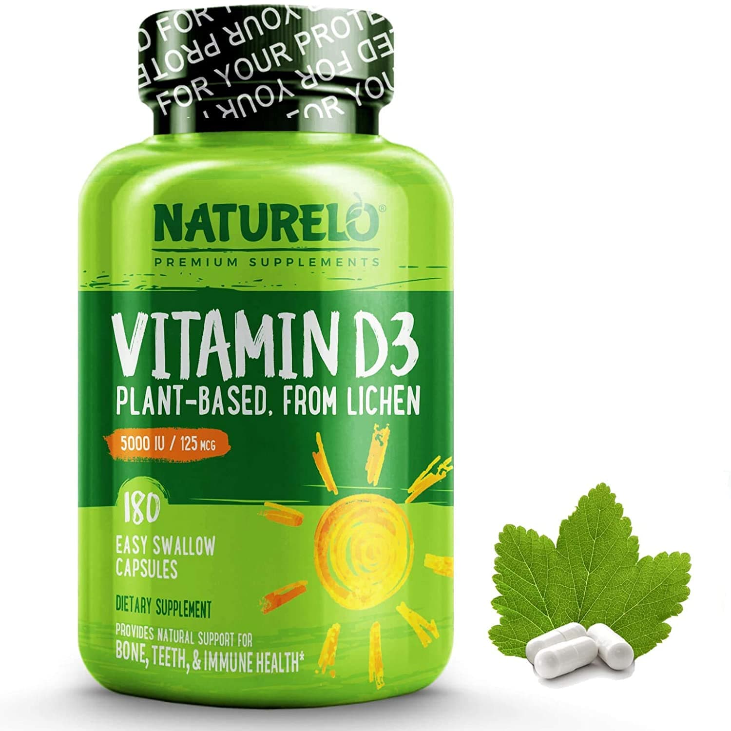 NATURELO Vitamin D - 5000 IU - Plant Based from Lichen - Natural D3 Supplement for Immune System, Bone Support, Joint Health - High Potency - Vegan - Non-GMO - Gluten Free - 180 Capsules فيتامين د3 الطبيعى 5000 وحدة دولية ، لصحة الجهاز المناعى ولصحة العظام والمفاصل ، نباتى وعالى الفاعلية ، 180 كبسولة