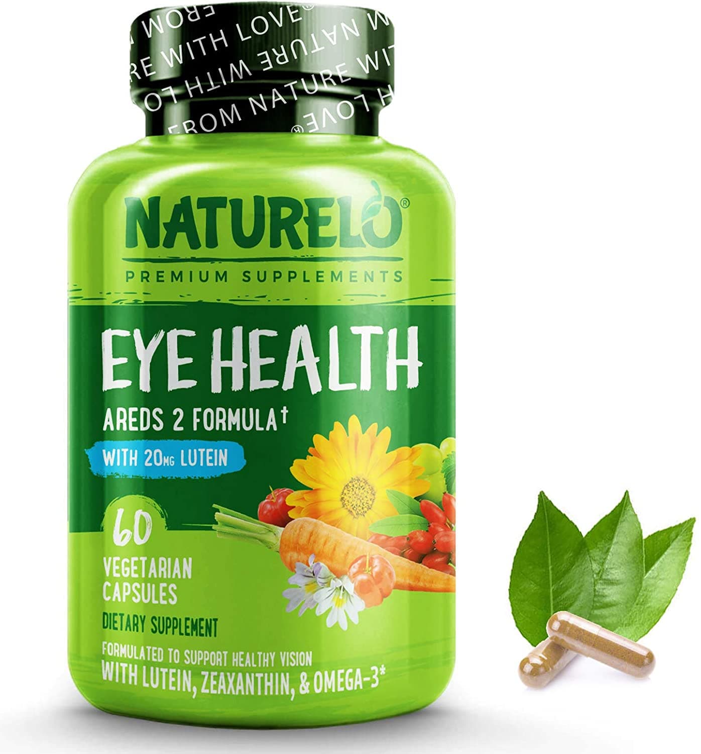 NATURELO Eye Vitamins - AREDS 2 Formula with Lutein, Zeaxanthin, Natural Vitamin C, Zinc - Supplement for Dry Eyes, Eye Health - 60 Capsulesناتشريلو فيتامينات طبيعية للعين _ تركيبة اريدس 2 مع لوتين وفيتامين ج الطبيعى ، لعلاج جفاف العين ولصحة العين والحفاظ على الرؤية ، 60 كبسولة