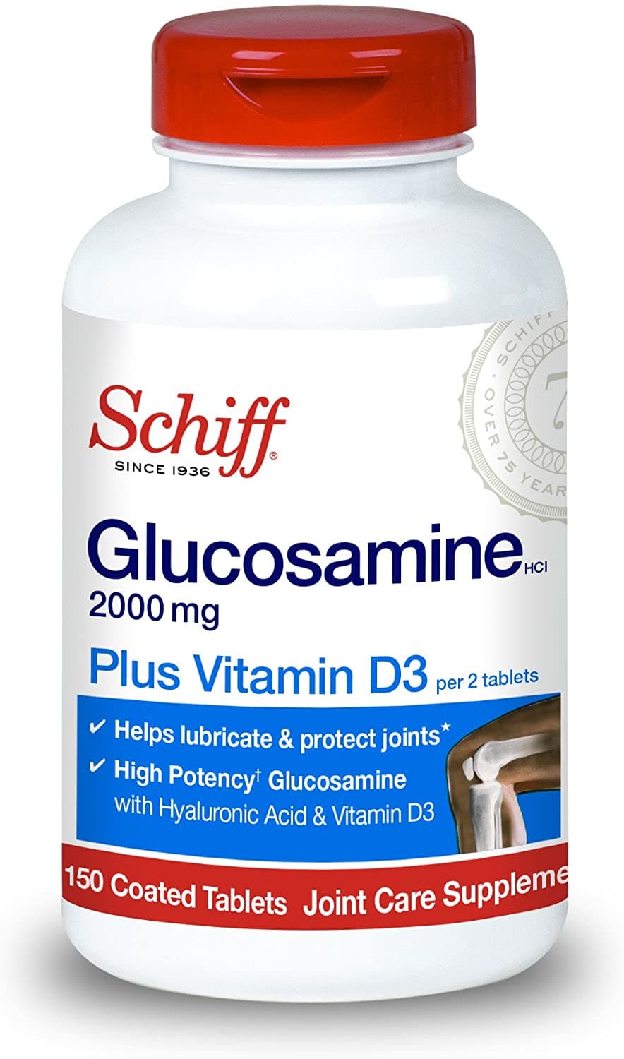 Schiff Glucosamine 2000mg with Vitamin D3 and Hyaluronic Acid ,Joint Supplement-150 tablets  جلوكوزامين 2,000 مجم مع فيتامين د3 وحمض الهيالورونك لصحة المفاصل ولتسهيل الحركة ، 150 قرص