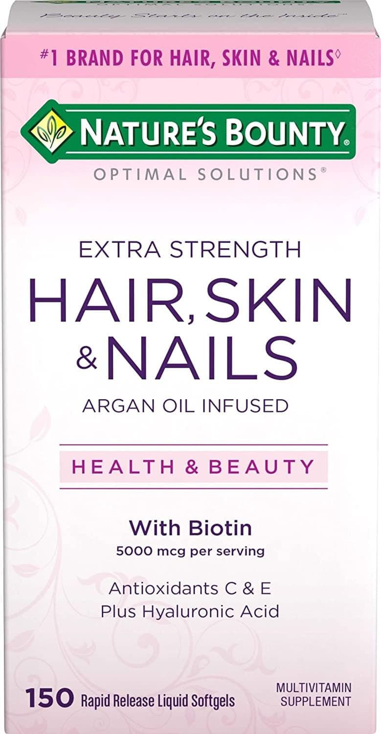 Nature's Bounty Optimal Solutions Hair, Skin & Nails Extra Strength, 150 Softgels أفضل حل للشعر والبشرة والأظافر ، قوة مضاعفة ، مع زيت الأرجان والبيوتين ، 150سوفت جل