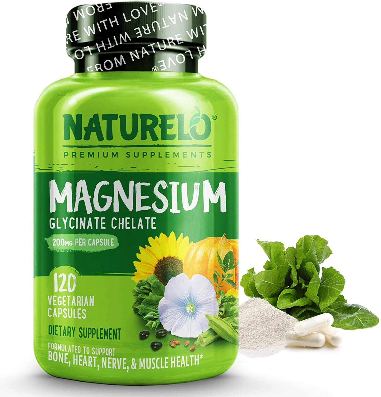 NATURELO Magnesium Glycinate - 120 capsulesناتشريلو جلايسينات الماغنيسيوم مع خضروات عضوية، 120 كبسولة