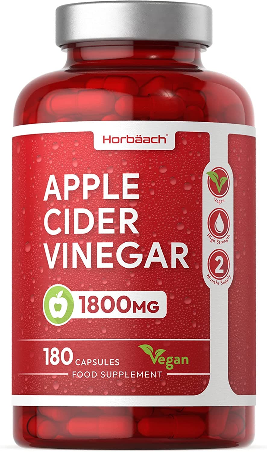 Horbaach Apple Cider Vinegar Capsules | 1800mg 180 Count | High Strength كبسولات خل التفاح | 1800 مجم | 180 قرص | غير معدلة وراثيًا، مكمل غذائي خالٍ من الغلوتين | من هورباتش