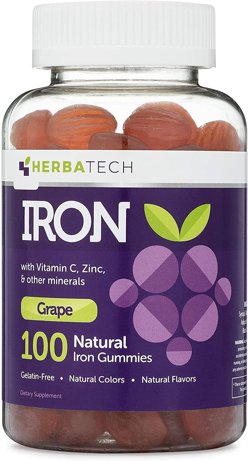HERBATECH Iron Gummies for Adults and Kids, Chewable Multivitamin Supplement with Iron, Vitamin C, A, B, Zinc, Folic Acid, and Biotin (Grape Flavored) Vegan Safe, Made in The USA حديد طبيعى للأطفال والبالغين مع فيتامينات و معادن متعددة ، آمن ونباتى ، 100 جامى