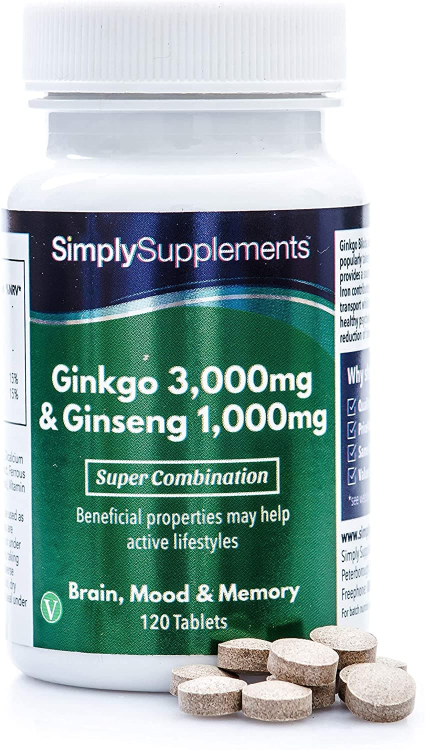 Simply Supplements Ginkgo Biloba & Korean Ginseng | Supports Mental Performance & Helps with Circulation | Vegan & Vegetarian Friendly | 120 Tablets | Manufactured in The UK سمبل سبلايمنتس خليط نباتى من الجانكجو بيلوبا 3000 مجم والجنسنج 1000 مجم لدعم صحة المخ والذاكرة والمزاج 120 حباية