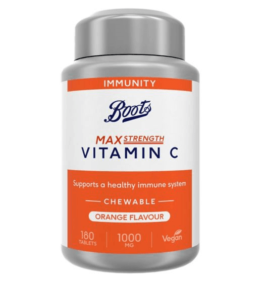 Boots Vitamin C 1000mg 180 Orange Flavour Chewable Tablets (6 month supply) بوتس فيتامين ج ، 1000 مجم _ 180 حباية قابلة للمضغ بطعم البرتقال