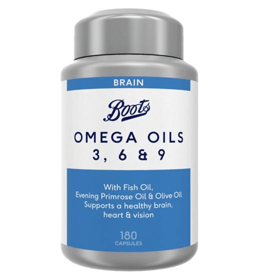 Boots Omega Oils 3 6 & 9 180 Capsules (6 month supply) بوتس ،زيت السمك، خليط من أوميجا 3 ,6 & 9 مع زيت الزيتون و زيت زهرة الربيع المسائى 180 كبسولة