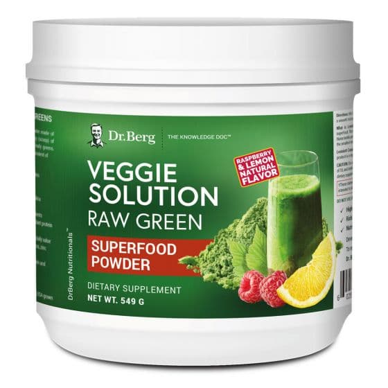 Dr Berg's Veggie Solution Flavored (Sweetened محلول نباتى ، الخام الأخضر (مسحوق الطعام الخارق) بطعم الراسبيرى والليمون الطبيعى ، 549 جرام