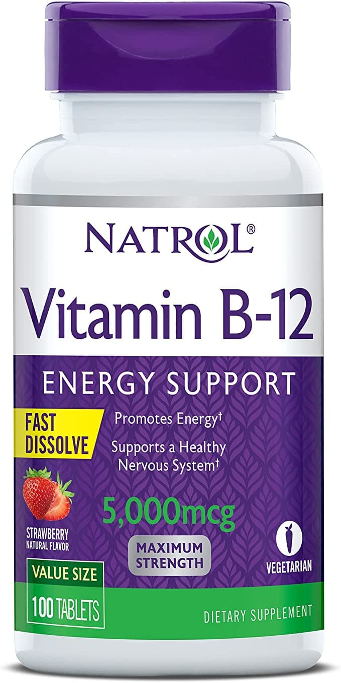 Natrol Vitamin B12 Fast Dissolve Tablets, Promotes Energy, Supports a Healthy Nervous System, Strawberry Flavor, 5,000mcg, 100 Count<BR/> ناترول فيتامين ب12 ، 5000 مجم ، سريع الذوبان ، لدعم الطاقة ولصحة الجهاز العصبى ، 100 حباية بطعم الفراولة