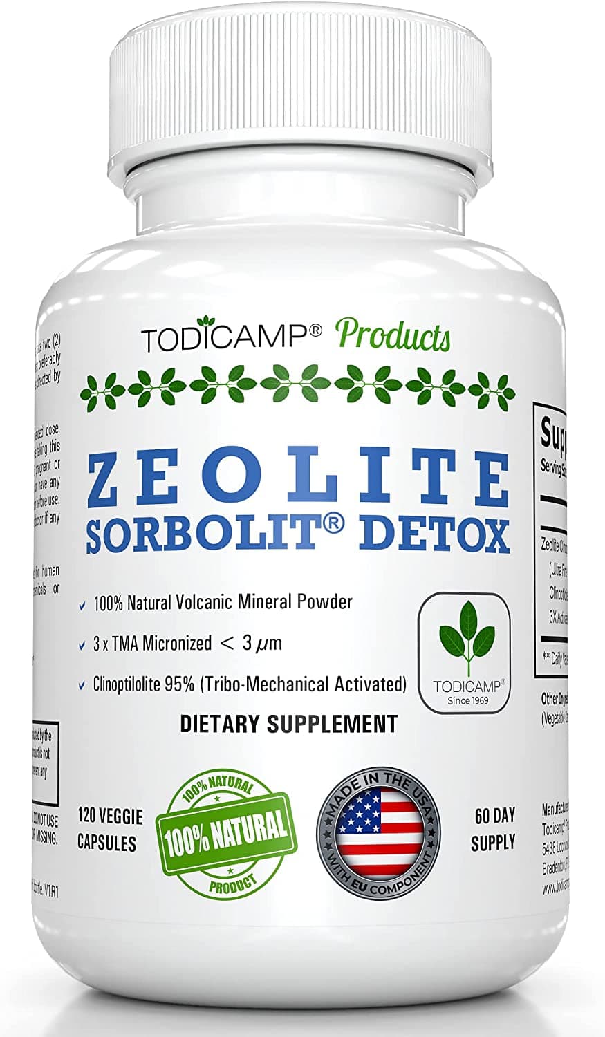 TODICAMP Zeolite Detox - Zeolite Capsules Sorbolit Ultra FINE 1-2 µm - Zeolite Clinoptilolite Powder 95% - 3X Activated - 120 Capsules