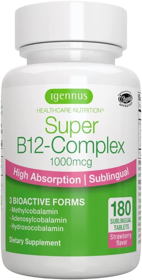 Igennus Super B12-Complex 1000mcg, Sublingual Vitamin B12, Methylcobalamin,  Adenosylcobalamin & Hydroxocobalamin, Clean Label, High Absorption, 180 Servings سوبر فيتامين ب12 ، 180 قرص صغير