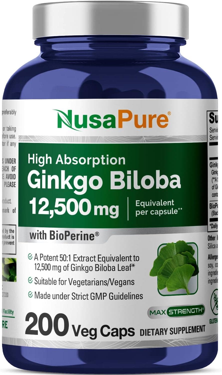 Nusapure Ginkgo Biloba Extract 12500 mg, 200 Capsules