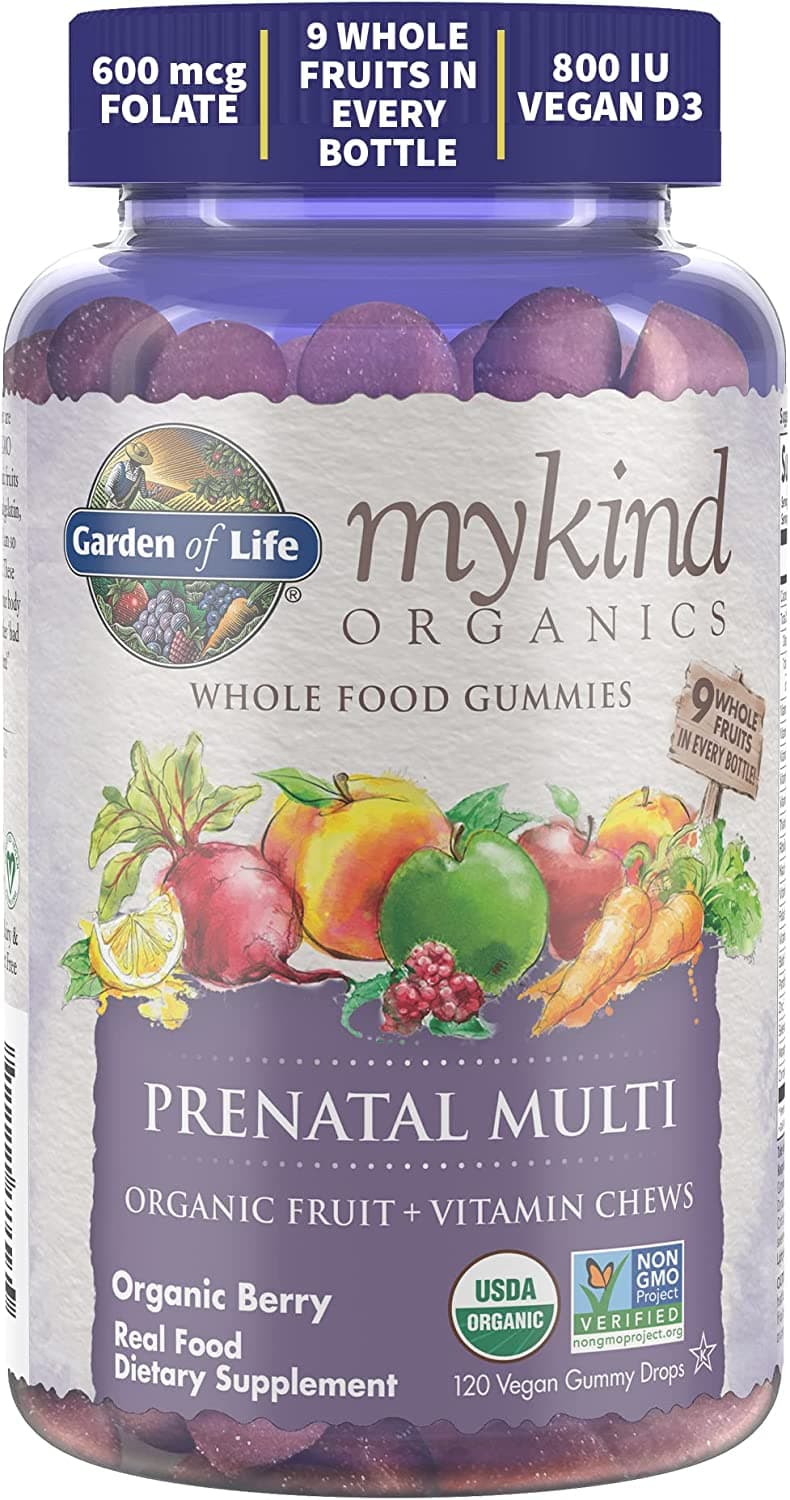 Garden of Life Prenatal Gummies Multivitamin with Vitamin D3, B6, B12, C & Folate for Healthy Fetal Development mykind Organics – Organic, Non-GMO, Gluten-Free, Vegan, Berry Flavor, 30 Day Supplyفيتامينات متعدده مع الفولات لدعم صخة الام والجنين قبل الولاده عبوه 120 جامي