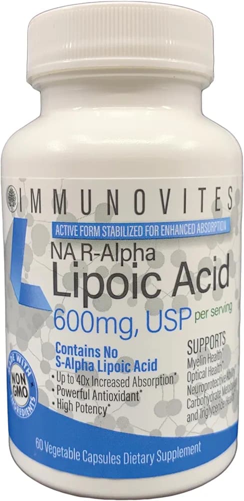 IMMUNOVITES Stabilized R-Alpha Lipoic Acid ((True)) 600mg per Serving [[High Potency & up to 40x Increased Absorption]] (Na R-ALA) (Na R-LA) (Na R-Lipoate) (1 Bottle)