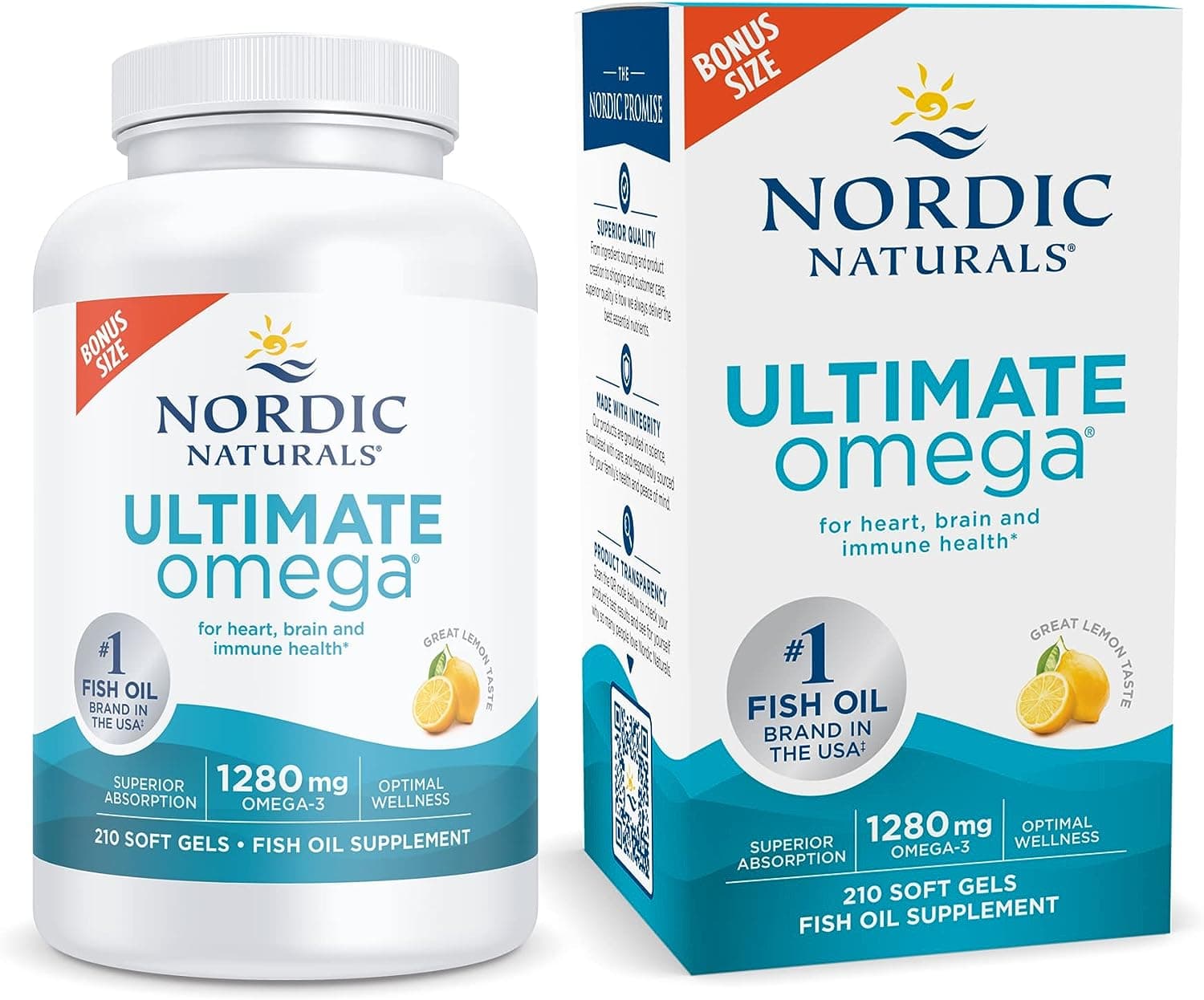 Nordic Naturals Ultimate Omega, Lemon Flavor - 210 Soft Gels - 1280 mg Omega-3 - High-Potency Omega-3 Fish Oil with EPA & DHA - Promotes Brain & Heart Health - Non-GMO - 105 Servingsاوميجا 3 تركيز 1280 مجم عبوه 210 كبسوله بطعم الليمون لتحسين صحة المخ والقلب