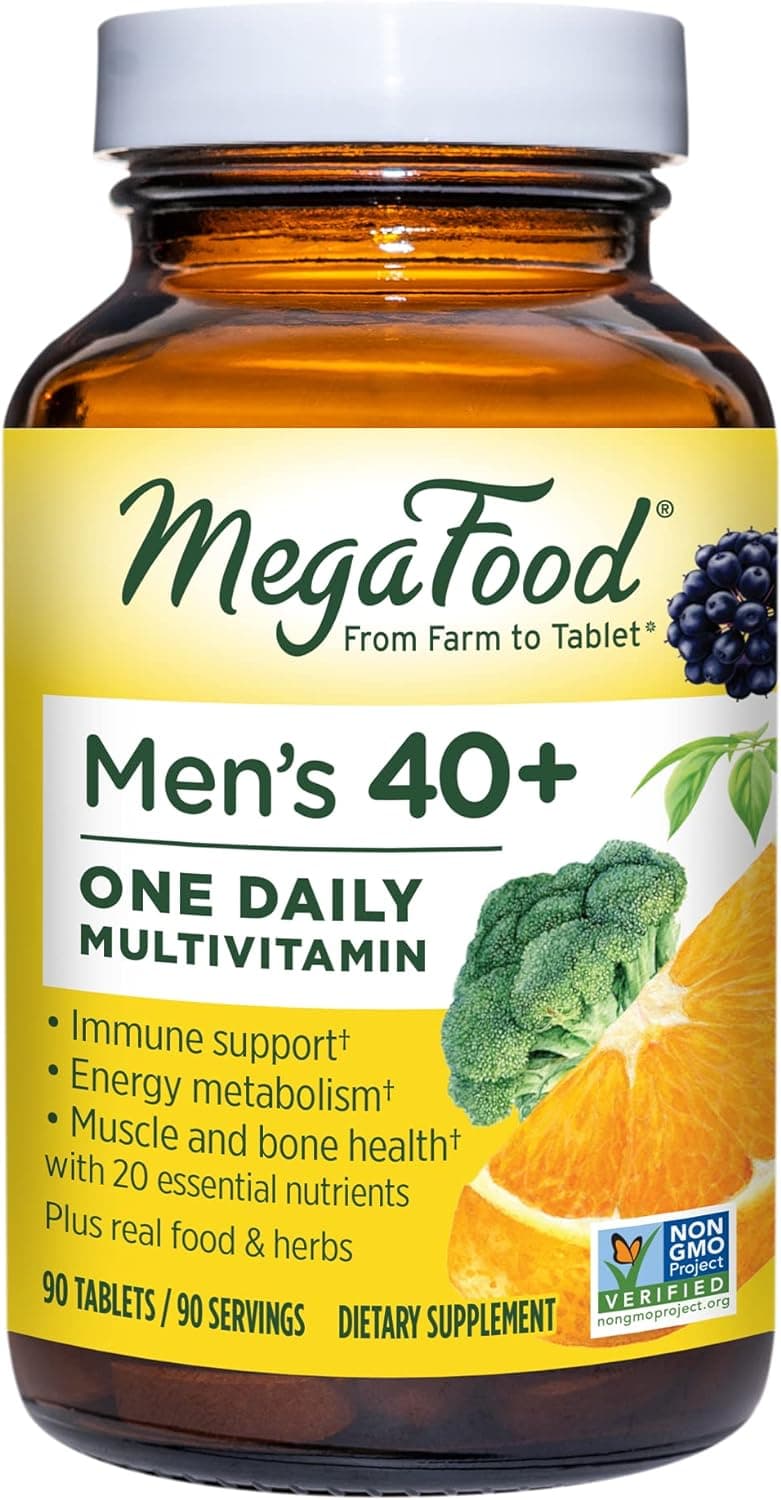 MegaFood Men's 40+ One Daily Multivitamin for Men With Vitamin B, Vitamin D3, Selenium, Zinc & Real Food - Immune Support, Energy Metabolism, and Muscle & Bone Health – Non GMO; Vegetarian - 90 Tabletss