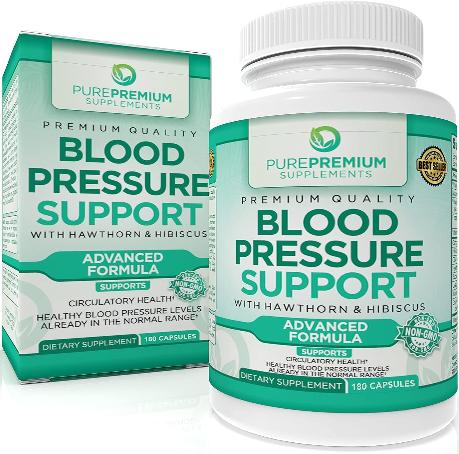 PurePremium Blood Pressure Support with Hawthorn & Hibiscus - for Cardiovascular & Circulatory Health - 180 Capsules