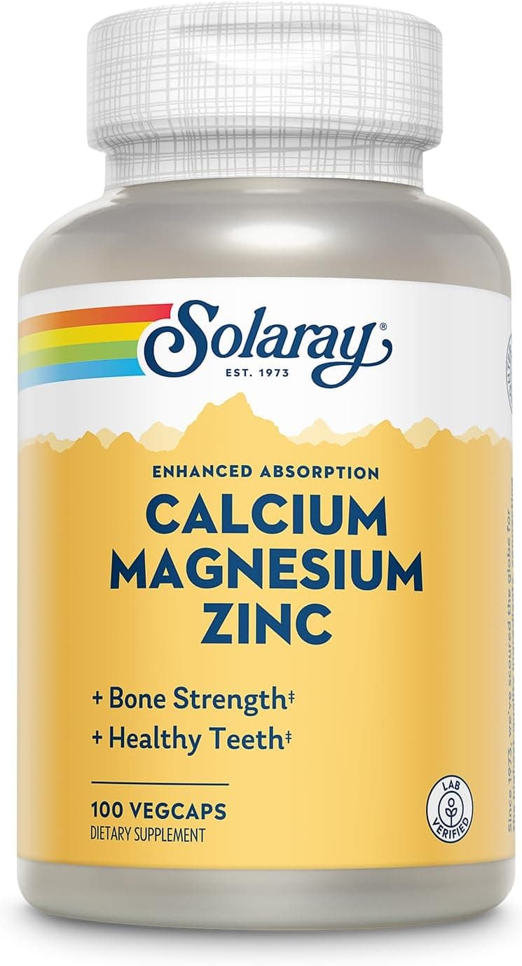 Solaray Calcium, Magnesium, Zinc | High Absorption with Glutamic Acid | Healthy Bones, Teeth, Nerve, Muscle, Heart & Immune Function Support | 100ct
