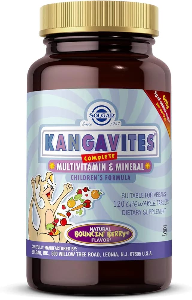 Solgar Kangavites, Bouncin’ Berry Flavor - 120 Chewable Tablets - Complete Multivitamin & Mineral Formula for Children - Vegan, Gluten Free سولجار كانجافيتس، نكهة التوت المنعشة - ١٢٠ قرص للمضغ- مكمل غذائي متكامل بالفيتامينات والمعادن للأطفال - نباتي، خالي من الجلوتين