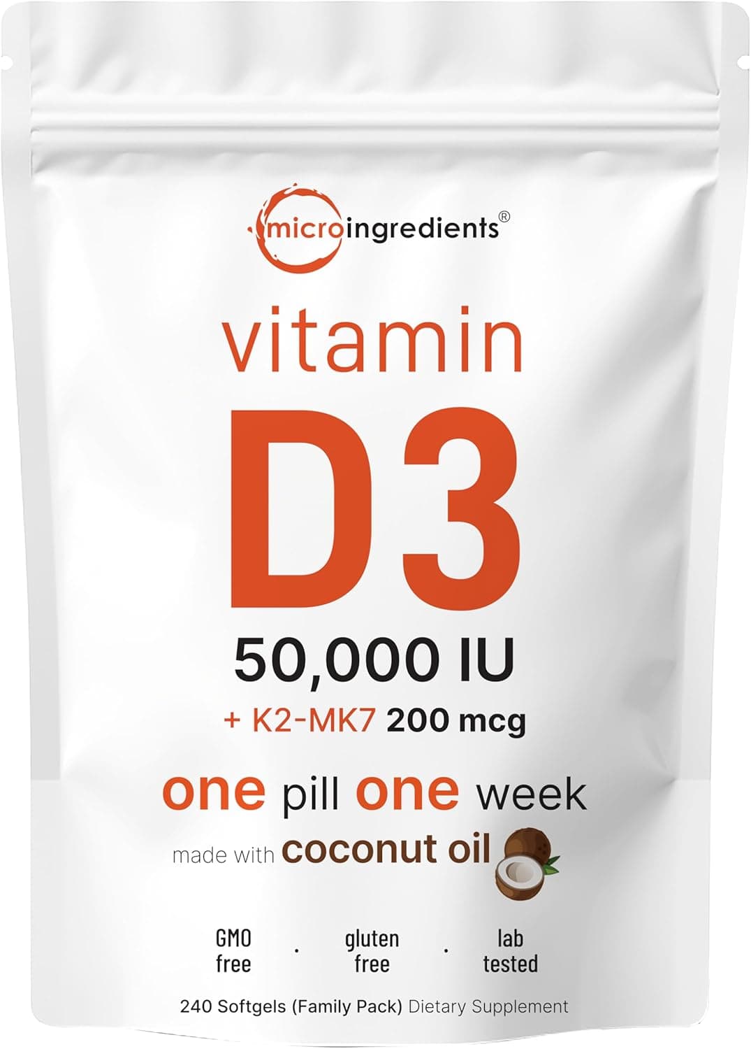Micro-Ingredients Vitamin D3 50,000 IU+K2 200 mcg, 240 Softgels