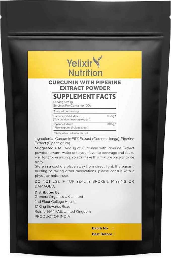 Yelixir 95% Curcumin Turmeric Supplement with Piperine | 100g