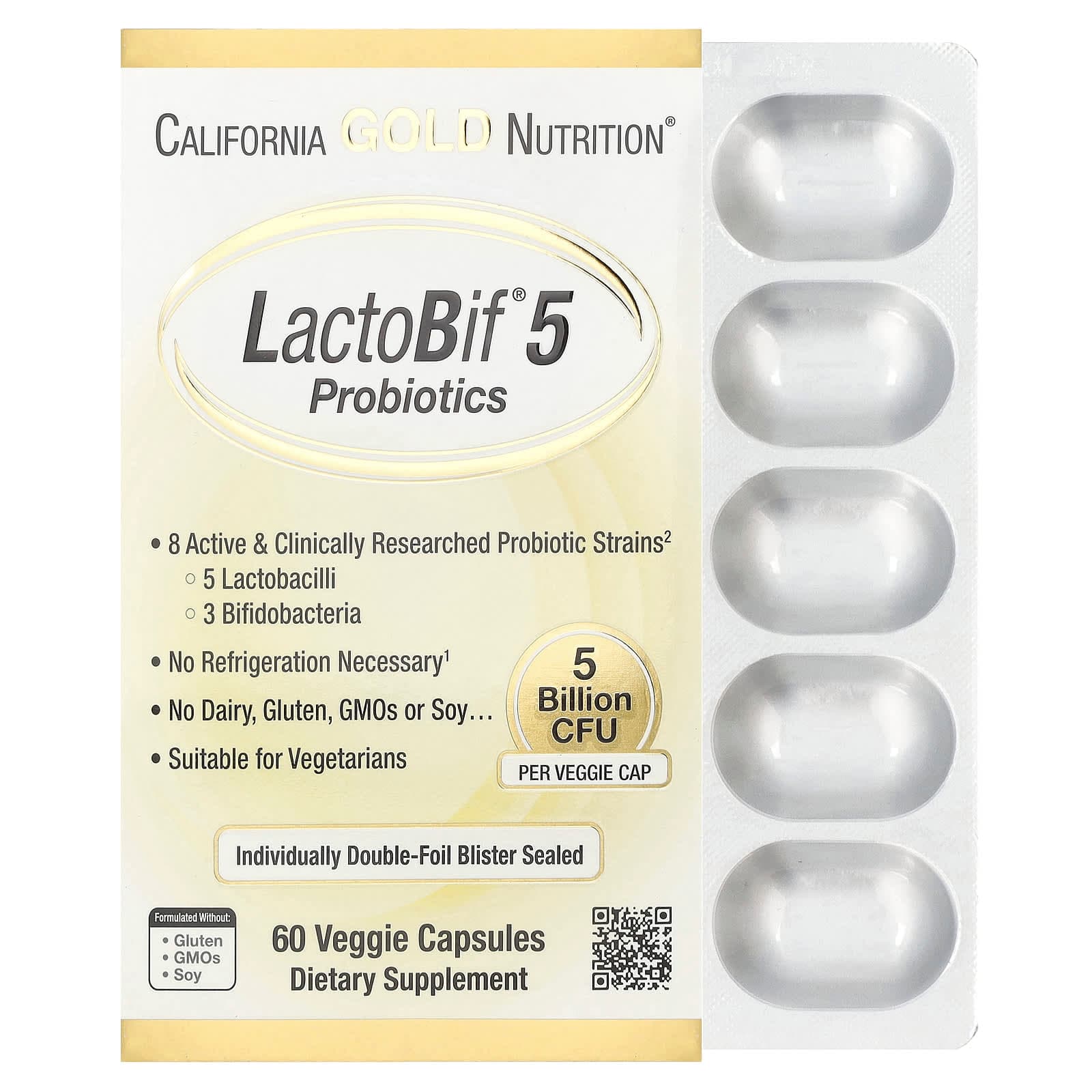 California Gold Nutrition LactoBif 5 Billion CFU Probiotic | 60 Veggie Capsules