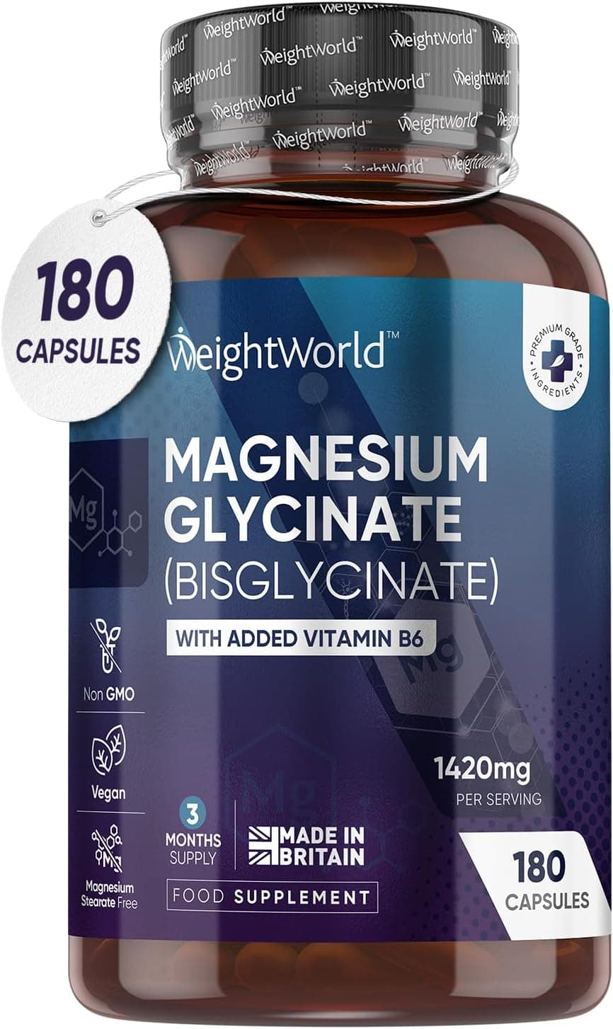 Weight World Magnesium Glycinate with Vitamin B6 – 1420mg Pure Magnesium Bisglycinate Powder Capsules – 180 Capsules