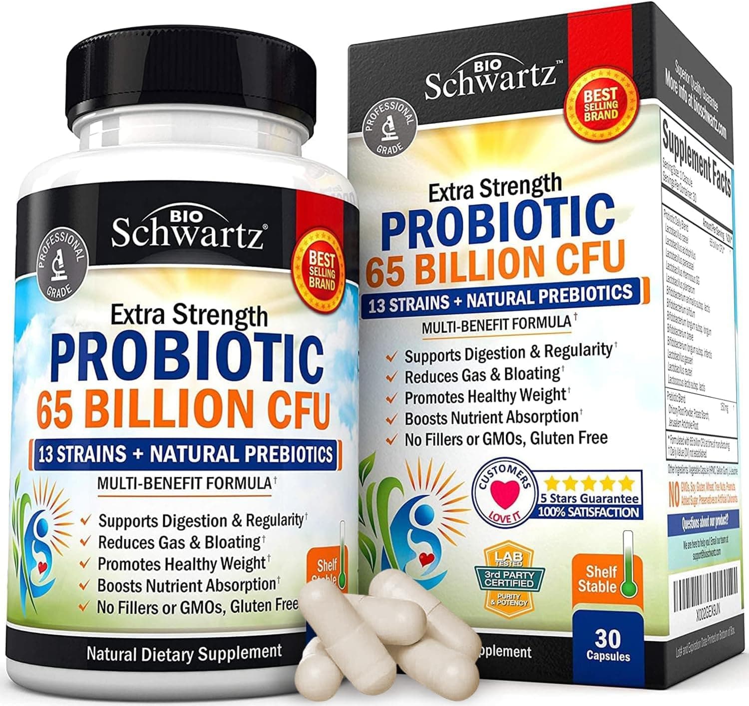 BioSchwartz Probiotic 65 Billion CFU | Digestive Health Support | 30 Capsules