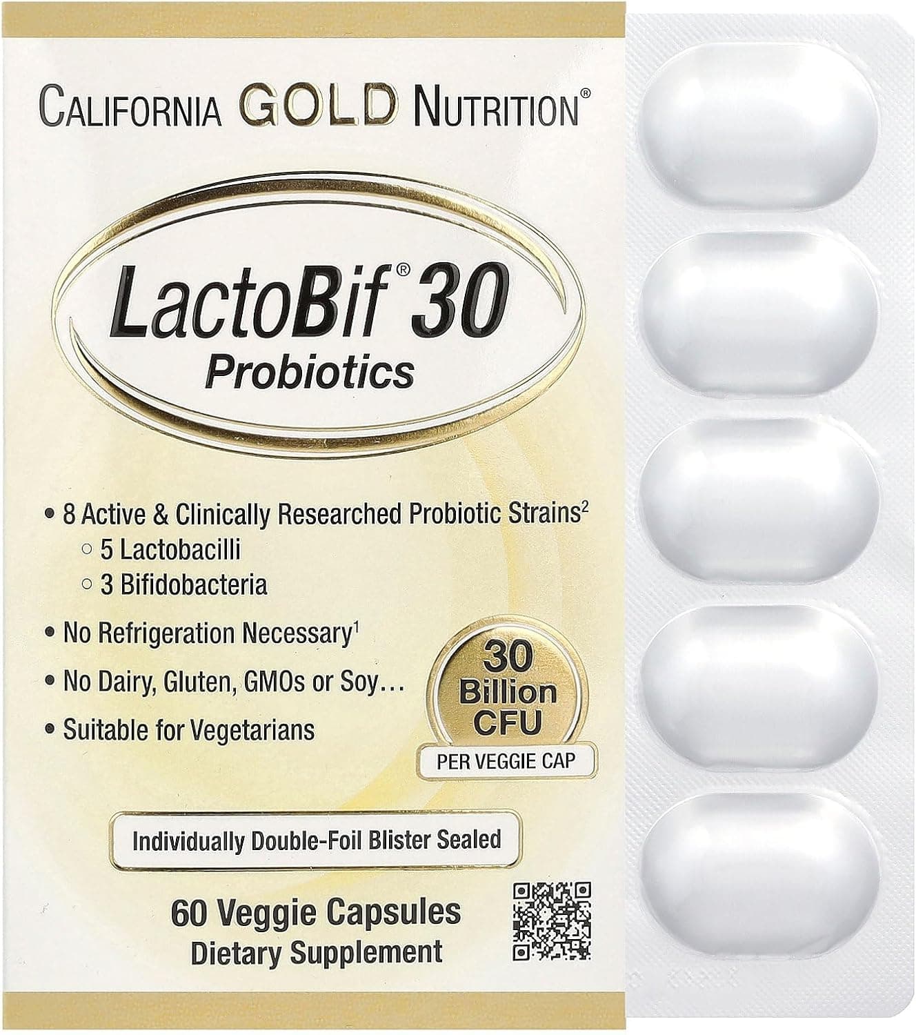 California Gold Nutrition| LactoBif® 30, 30 Billion CFU| 60 Veggie Capsules