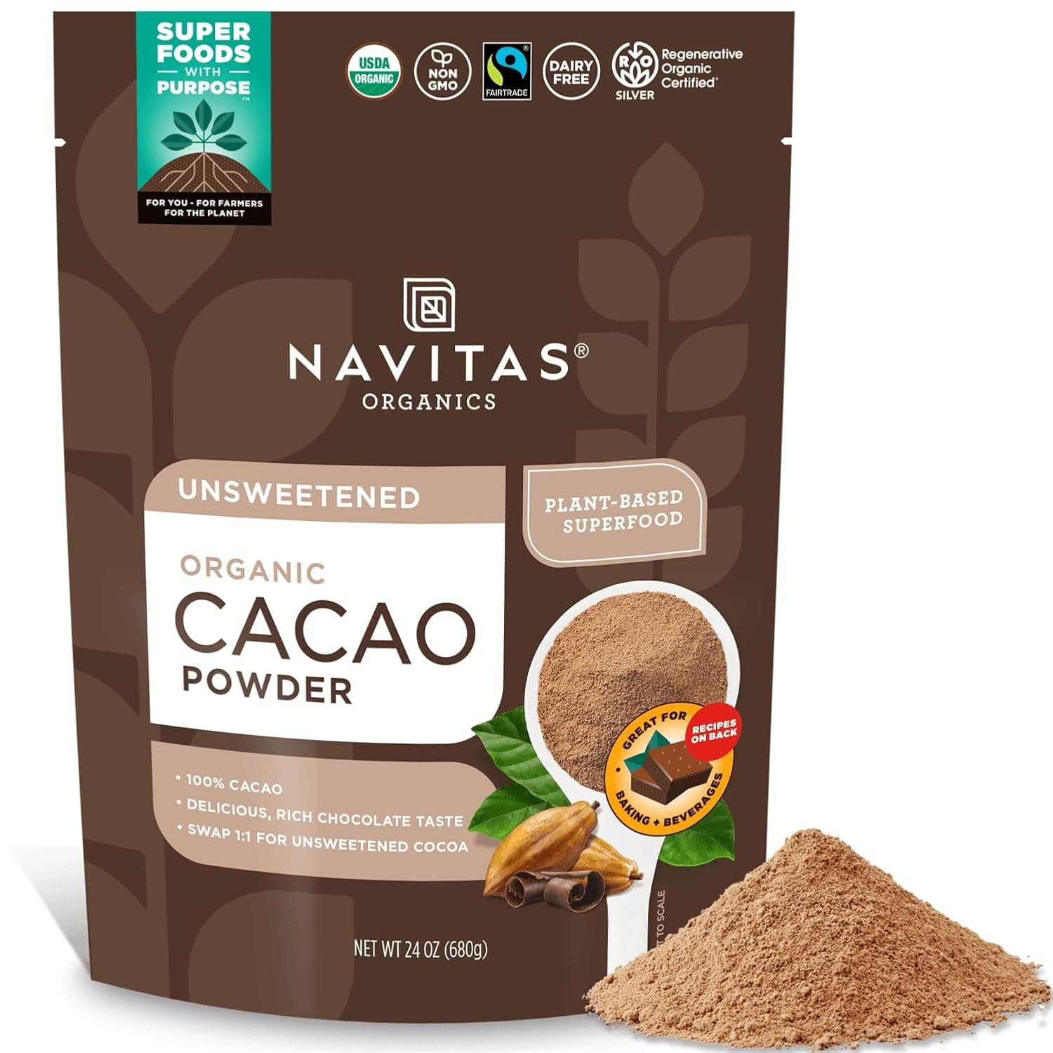 Navitas Organics Cacao Powder | Organic & Fairtrade | 24oz Bag, 113 Servings