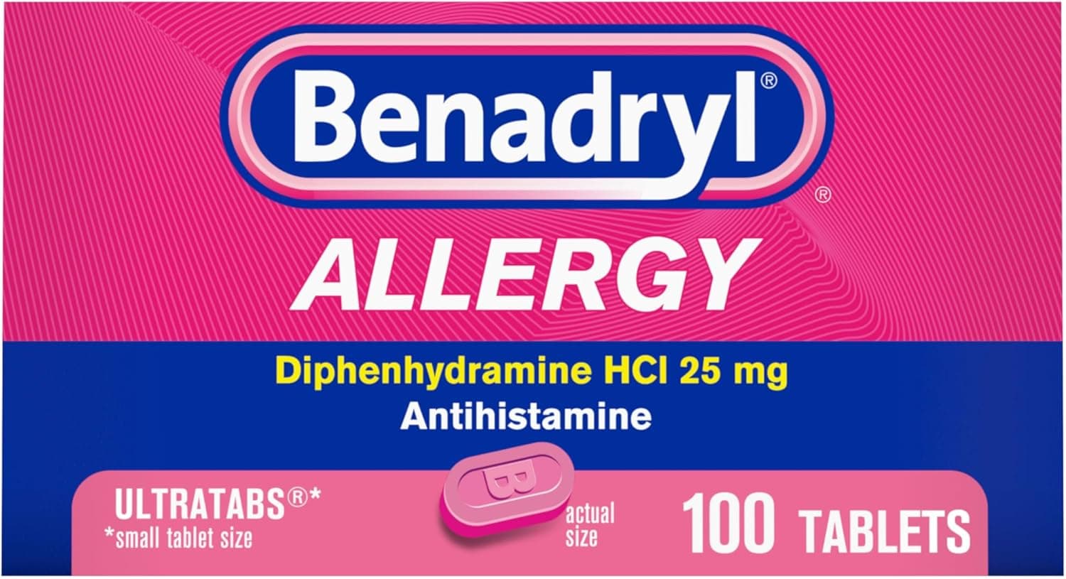 Benadryl Ultratabs Allergy Medicine, 25 mg Diphenhydramine HCl Antihistamine Tablets For Cold & Allergy Relief of Symptoms Like Sneezing, Runny Nose, Itchy Eyes & Throat, Hay Fever, 100 Tablets