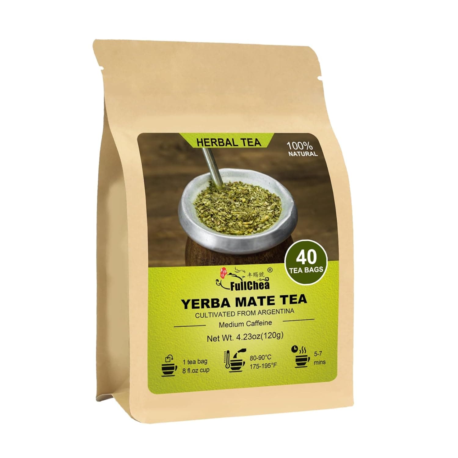 FullChea - Yerba Mate Tea Bag, 40 Teabags, 3g/bag | Unsmoked, Cultivated From Argentina