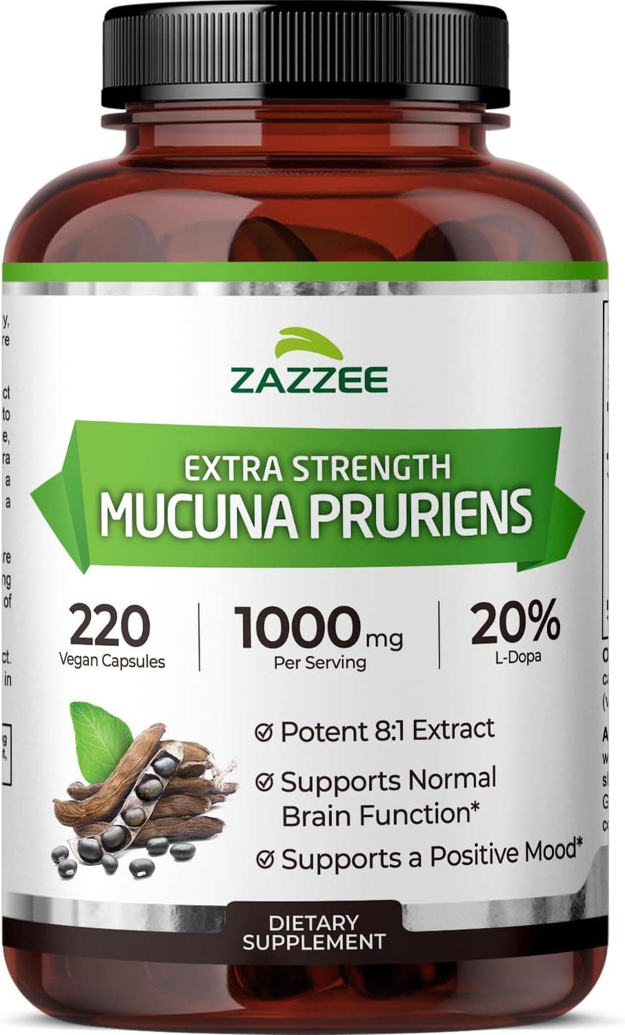 Zazzee Mucuna Pruriens | 20% L-Dopa Dopamine Boost | 220 Caps