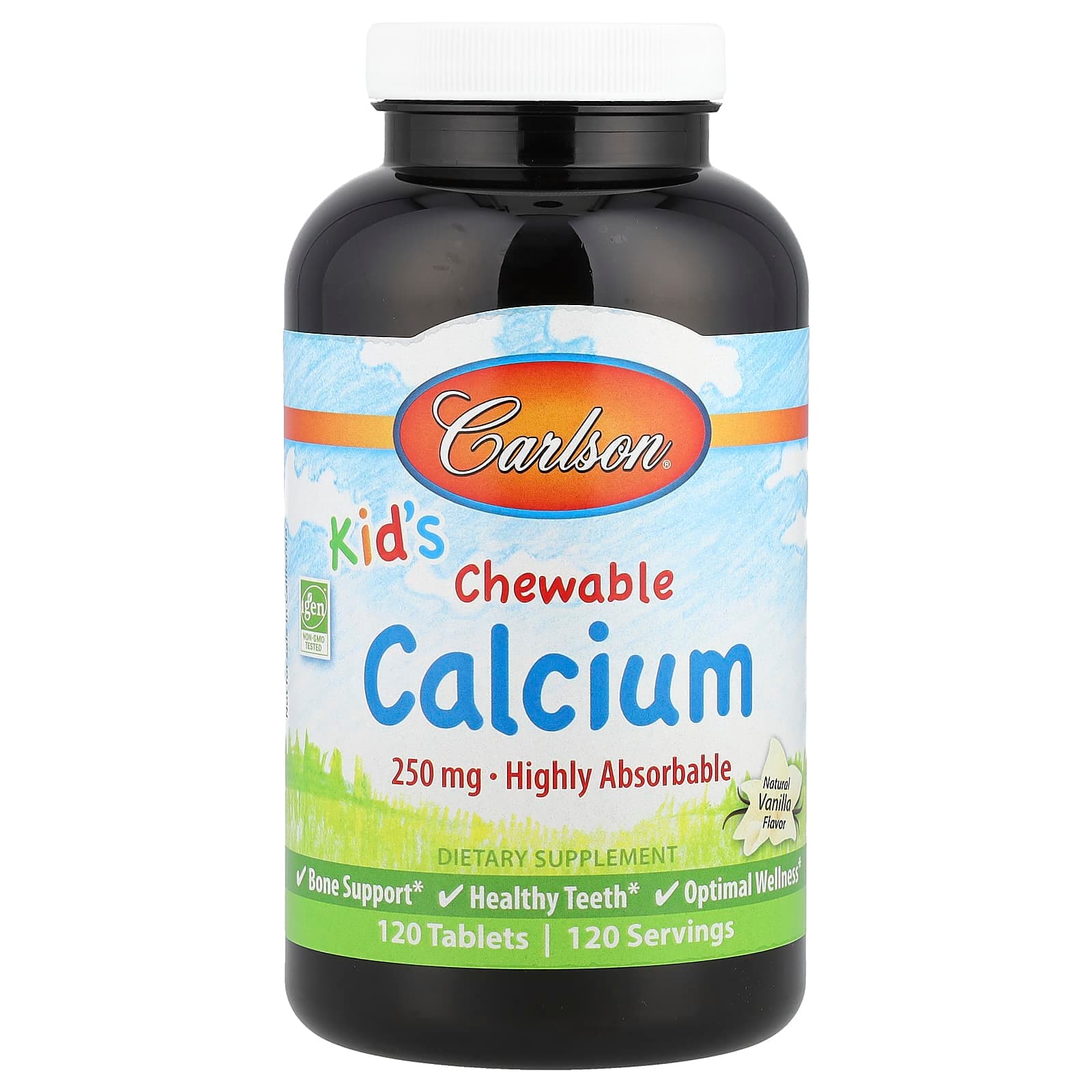 Carlson Kid's Chewable Calcium Natural Vanilla 250 mg | Bone Health Support |120 Tablets