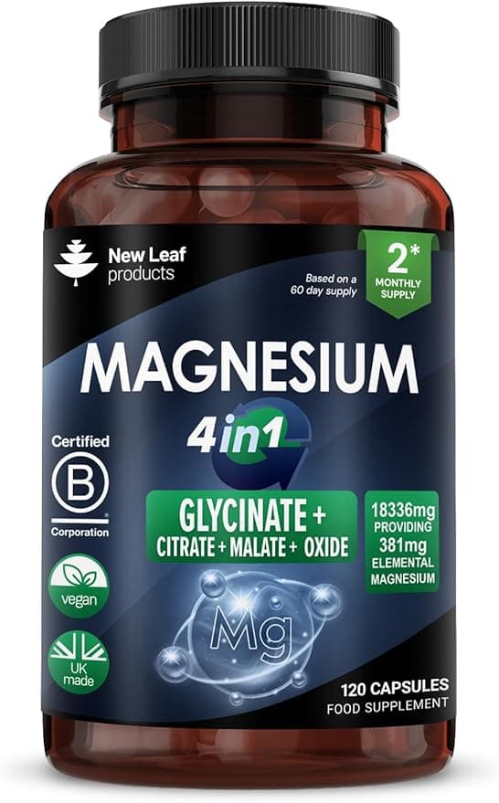 Magnesium Glycinate 4-in-1 Complex 1836mg – 381mg Elemental Per Serving – High-Strength Magnesium with Bisglycinate, Citrate, Malate, Oxide – 120 Vegan Capsules – UK Manufactured by New Leaf