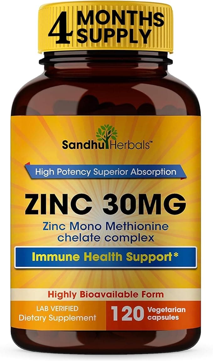 SANDHUHERBALS Zinc 30mg Capsules for Men & Women | 120 Count
