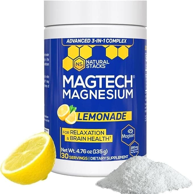 Magtein Magnesium L-Threonate, Glycinate & Taurate - MagTech Magnesium Powder - Sugar Free Lemonade Drink - 200mg Chelated Triple Complex - Supports Relaxation & Brain Health* - 30 Servings Overall Pick